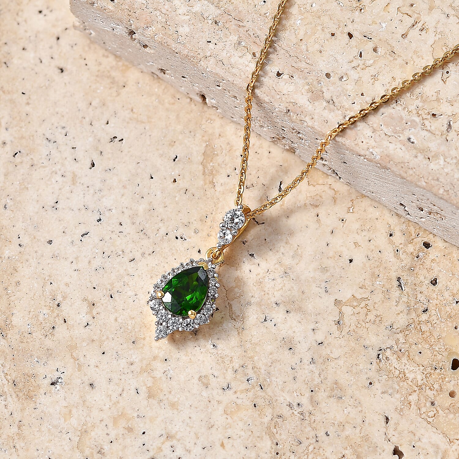D'Joy - Natural Chrome Diopside & White Zircon Halo Drop Pendant with Chain (Size 20) in Yellow Gold Plated Sterling Silver 1.15 Ct.