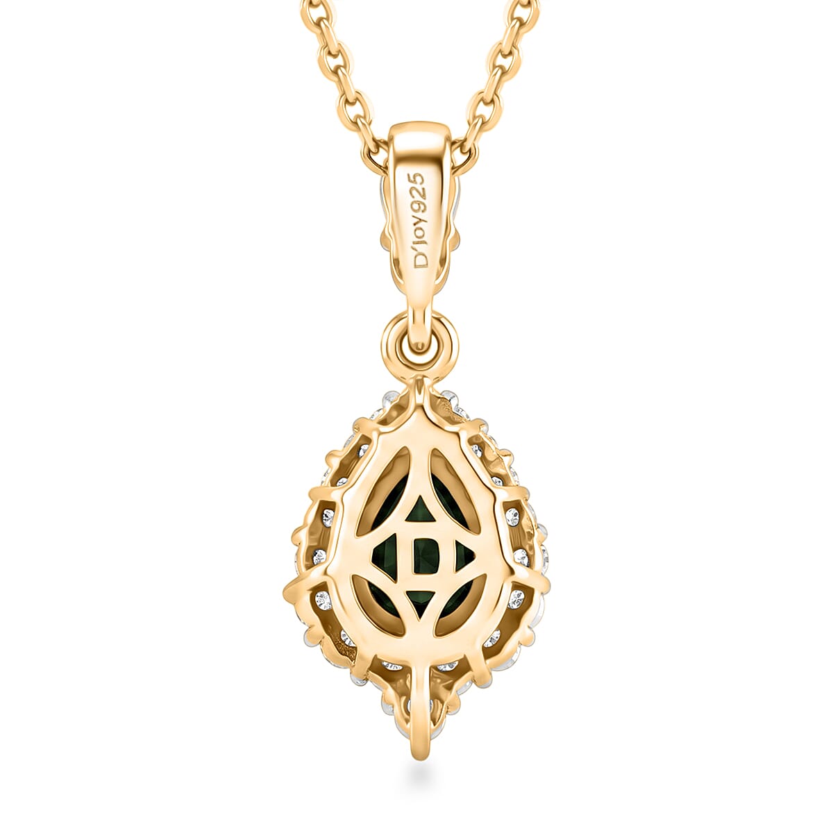 D'Joy - Natural Chrome Diopside & White Zircon Halo Drop Pendant with Chain (Size 20) in Yellow Gold Plated Sterling Silver 1.15 Ct.