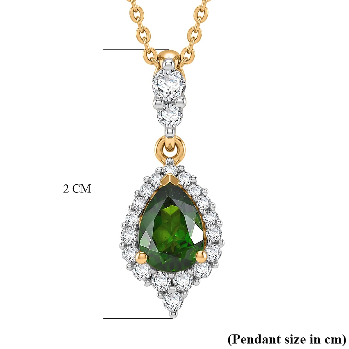 D'Joy - Natural Chrome Diopside & White Zircon Halo Drop Pendant with Chain (Size 20) in Yellow Gold Plated Sterling Silver 1.15 Ct.