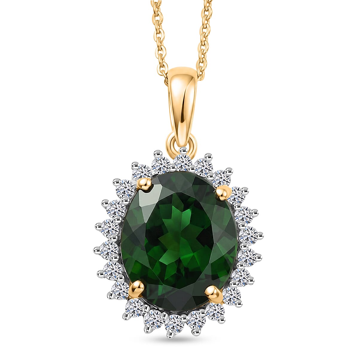 Luxuriant - Natural Chrome Diopside & Lab Grown Diamond (SI-G-H) Halo Pendant with Chain (Size 20) in 18K Vermeil Yellow Gold Plated Sterling Silver 5.25 Ct.