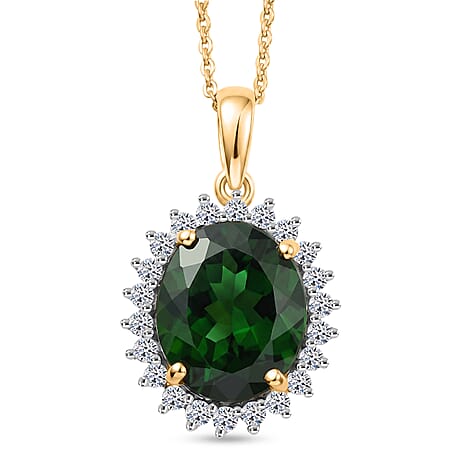 Luxuriant - Natural Chrome Diopside & Lab Grown Diamond (SI-G-H) Halo Pendant with Chain (Size 20) in 18K Vermeil Yellow Gold Plated Sterling Silver 5.25 Ct.