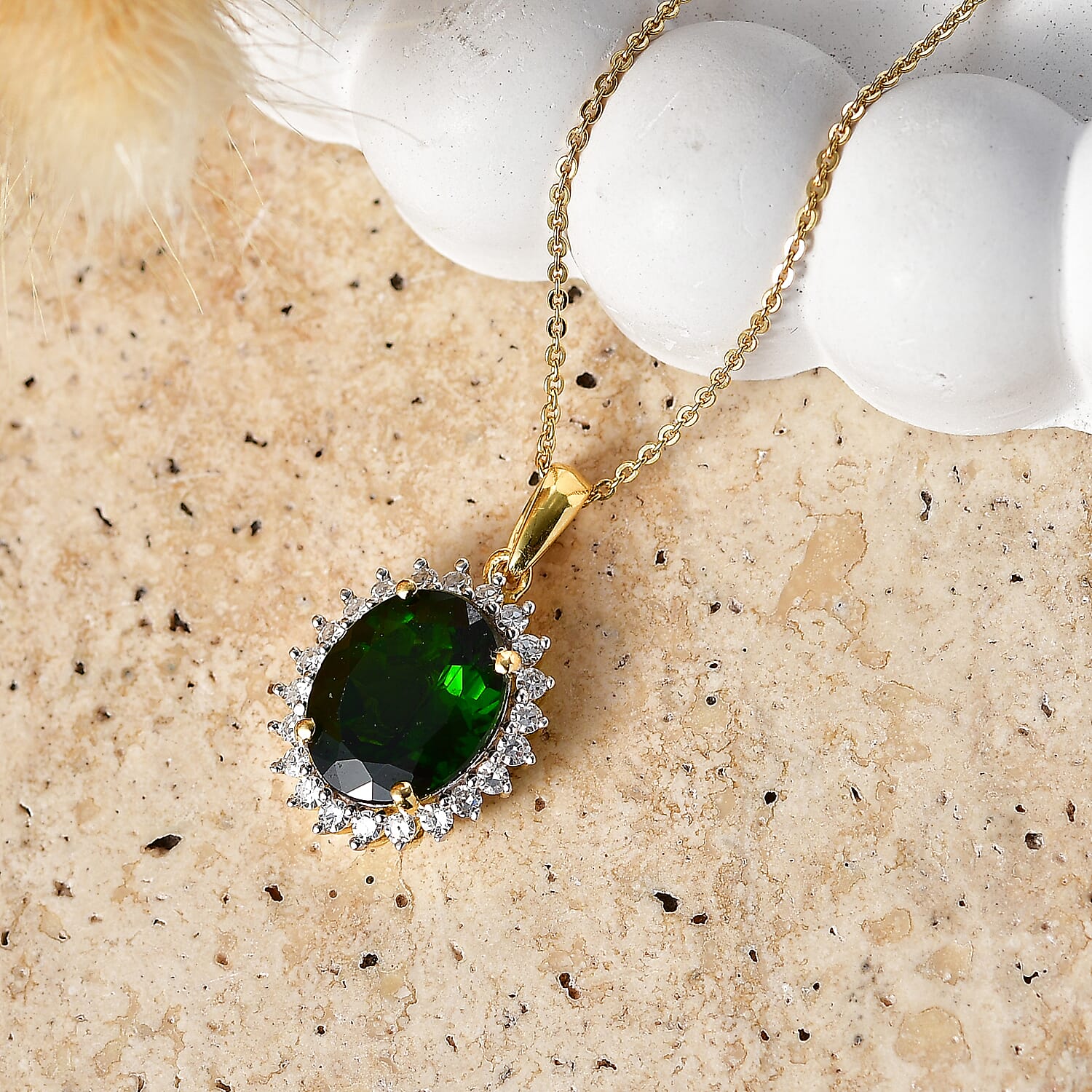 Luxuriant - Natural Chrome Diopside & Lab Grown Diamond (SI-G-H) Halo Pendant with Chain (Size 20) in 18K Vermeil Yellow Gold Plated Sterling Silver 5.25 Ct.