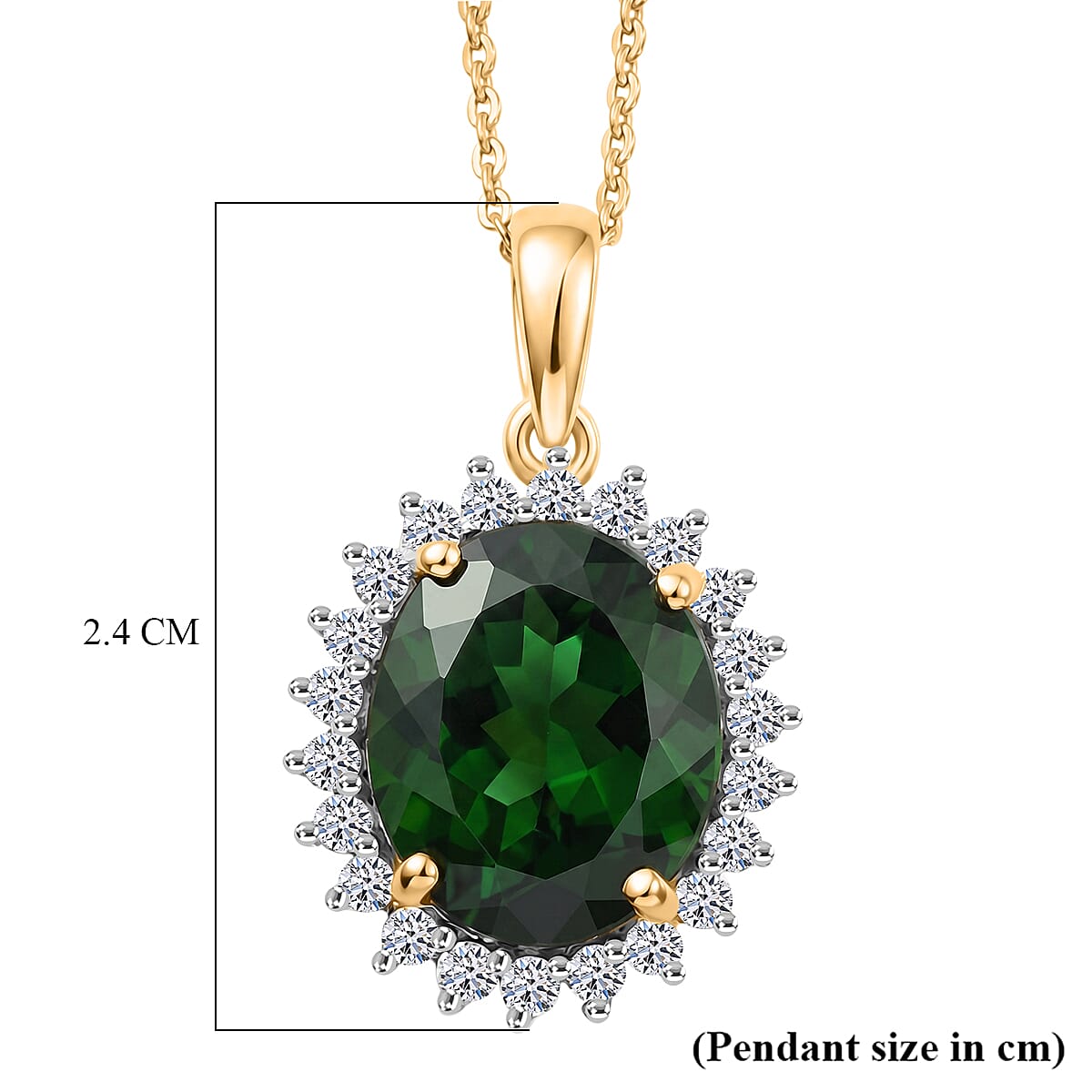 Luxuriant - Natural Chrome Diopside & Lab Grown Diamond (SI-G-H) Halo Pendant with Chain (Size 20) in 18K Vermeil Yellow Gold Plated Sterling Silver 5.25 Ct.