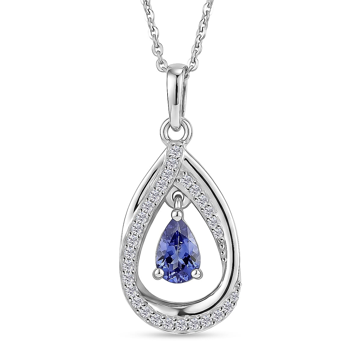 D'Joy - Tanzanite & White Zircon Pendant with Chain (Size 20) in Rhodium Overlay Sterling Silver
