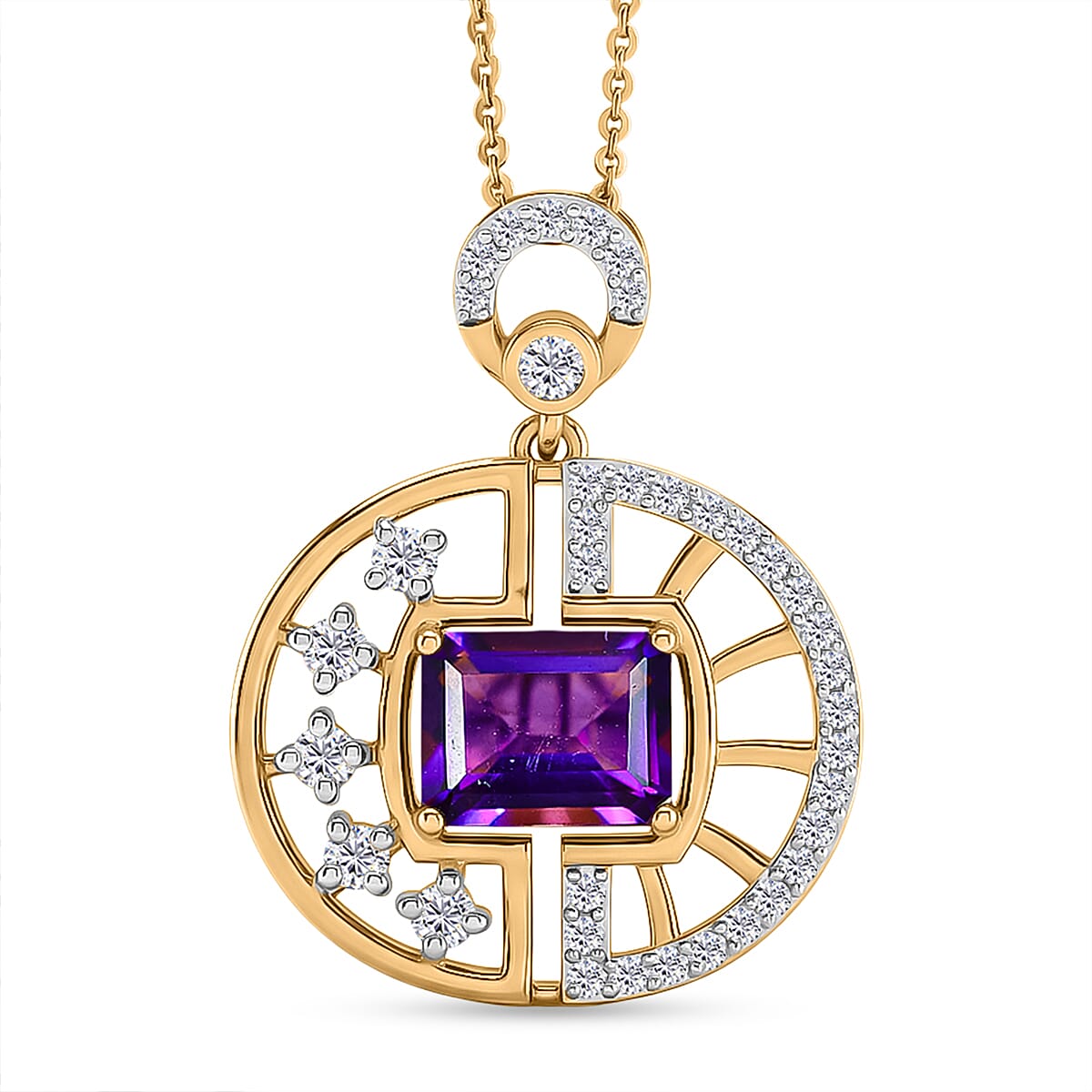 D'Joy - AAA Zambian Amethyst & White Zircon Pendant with Chain (Size 20) in Yellow Gold Plated Sterling Silver 2.00 Ct.