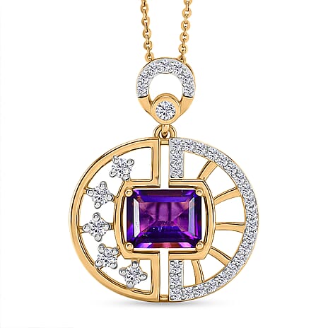 D'Joy - AAA Zambian Amethyst & White Zircon Pendant with Chain (Size 20) in Yellow Gold Plated Sterling Silver 2.00 Ct.