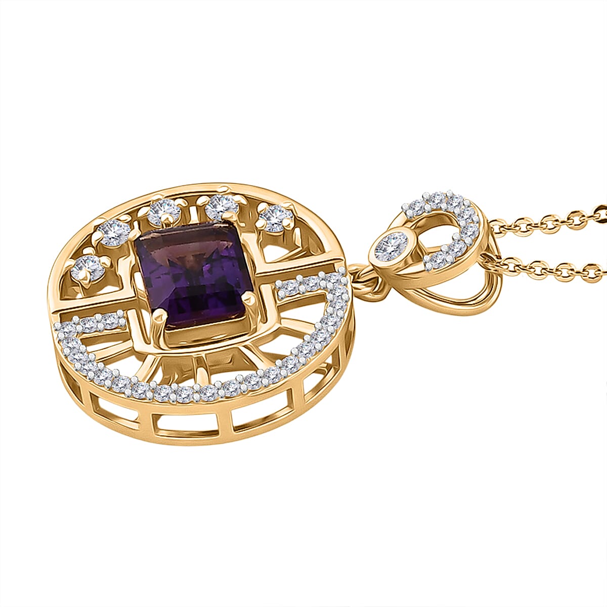D'Joy - AAA Zambian Amethyst & White Zircon Pendant with Chain (Size 20) in Yellow Gold Plated Sterling Silver 2.00 Ct.