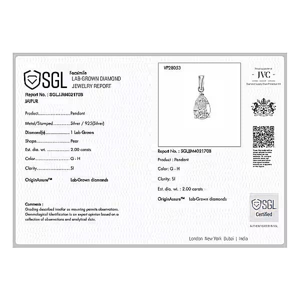 Luxuriant - SGL Certified Lab Grown Diamond (SI-G-H) Pendant with (Size 20) in Rhodium Overlay Sterling Silver 2.00 Ct.