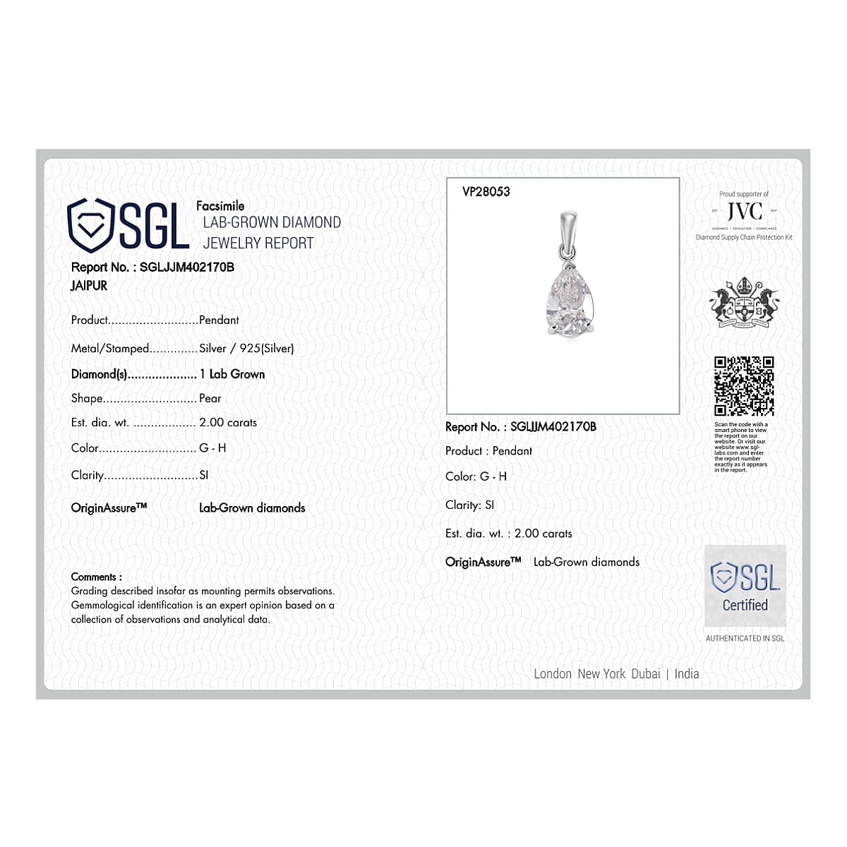 Luxuriant - SGL Certified Lab Grown Diamond (SI-G-H) Pendant with (Size 20) in Rhodium Overlay Sterling Silver 2.00 Ct.