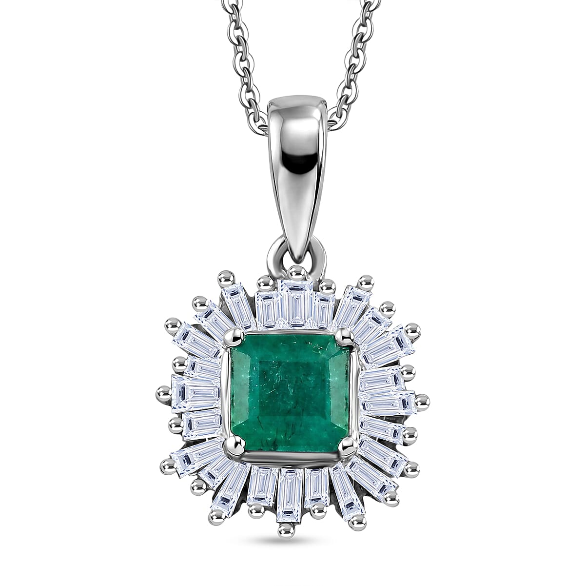 Luxuriant - AAA Zambian Emerald & Lab Grown Diamond (SI-G-H) Pendant with Chain (Size 20) in Rhodium Overlay Sterling Silver 1.12 Ct.