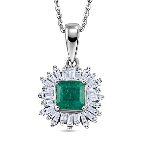 Luxuriant - AAA Zambian Emerald & Lab Grown Diamond (SI-G-H) Pendant with Chain (Size 20) in Rhodium Overlay Sterling Silver 1.12 Ct.