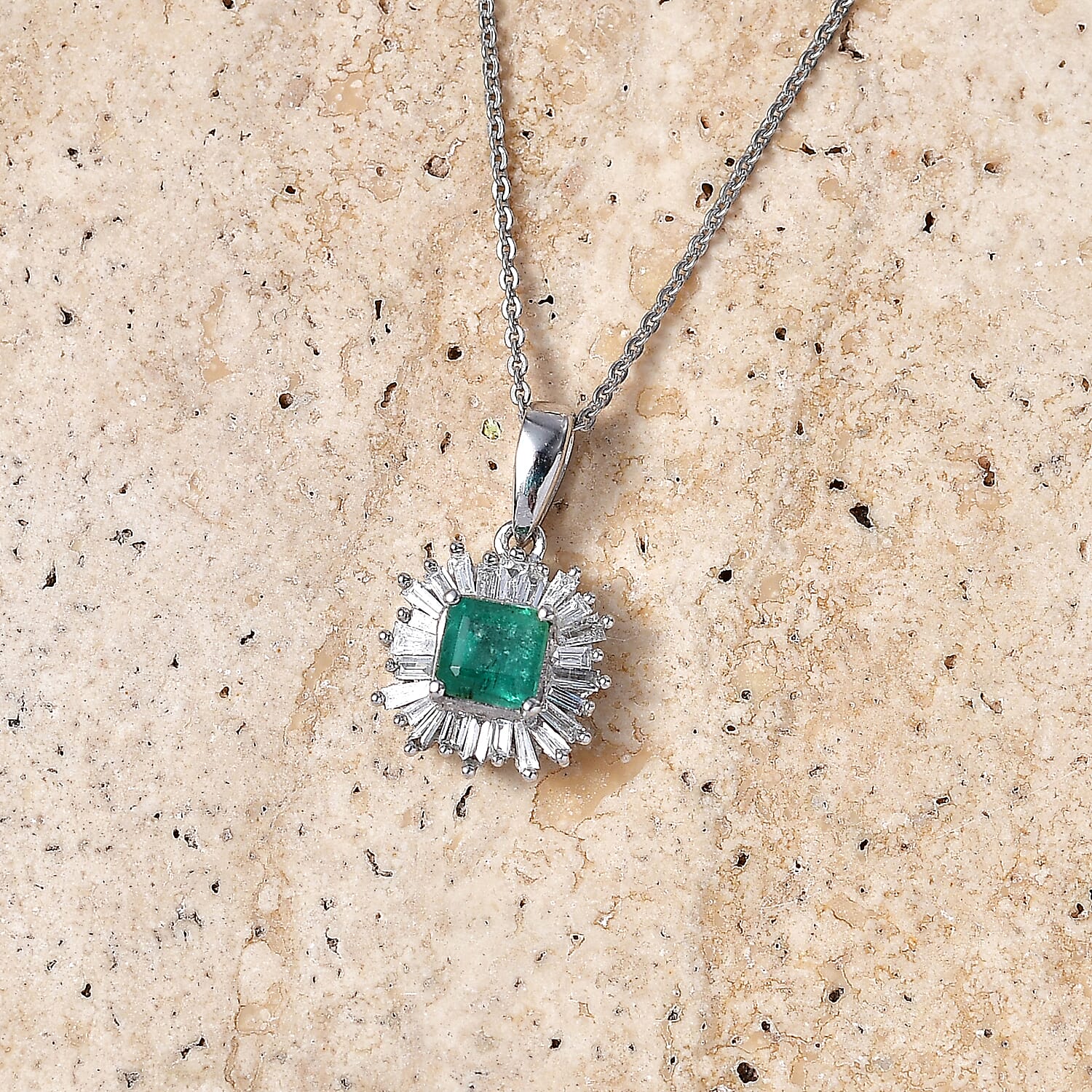 Luxuriant - AAA Zambian Emerald & Lab Grown Diamond (SI-G-H) Pendant with Chain (Size 20) in Rhodium Overlay Sterling Silver 1.12 Ct.