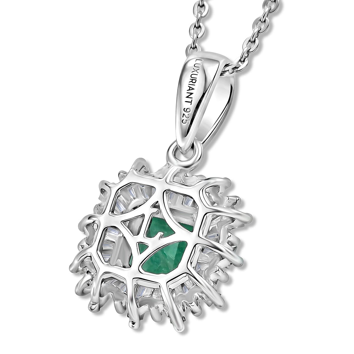 Luxuriant - AAA Zambian Emerald & Lab Grown Diamond (SI-G-H) Pendant with Chain (Size 20) in Rhodium Overlay Sterling Silver 1.12 Ct.