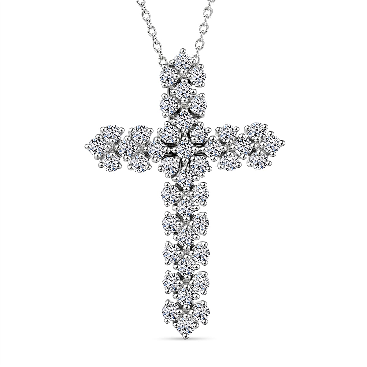 Luxuriant - Lab Grown Diamond (SI-G-H) Cross Pendant with (Size 18-2 Ext) in Rhodium Overlay Sterling Silver 1.00 Ct.
