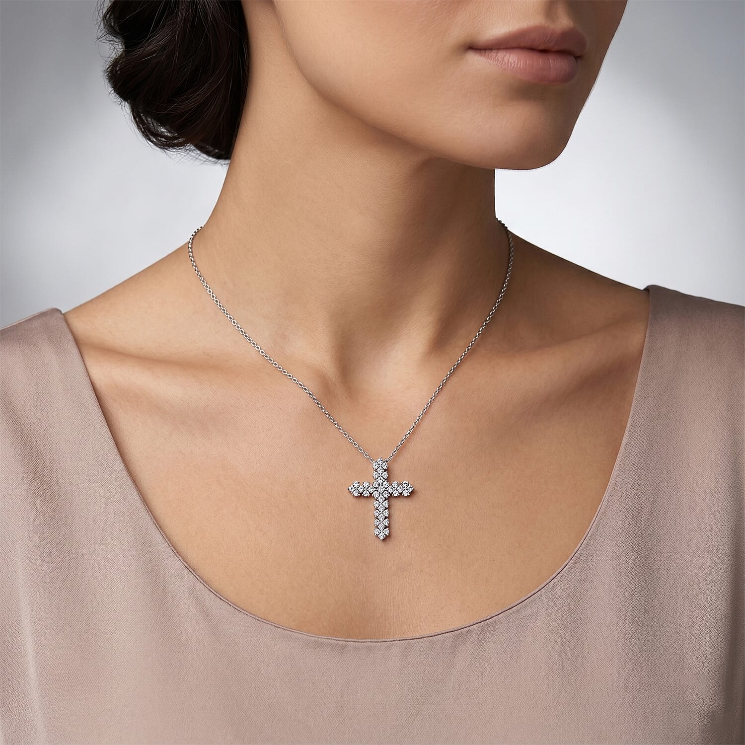 Luxuriant - Lab Grown Diamond (SI-G-H) Cross Pendant with (Size 18-2 Ext) in Rhodium Overlay Sterling Silver 1.00 Ct.