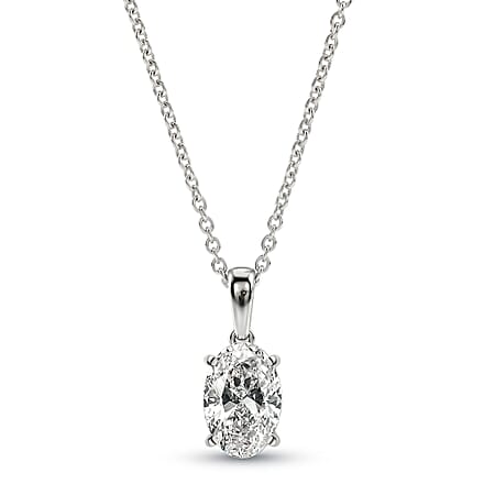 LUXURIANT 2 Ct. Lab Grown Diamond Oval-Cut Solitaire Pendant with Chain (Size 20) in Rhodium Overlay Sterling Silver, SGL Certified (SI-G-H)