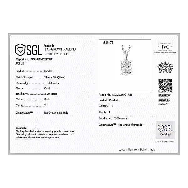 Luxuriant - SGL Certified Lab Grown Diamond (SI-G-H) Solitaire Pendant with Chain (Size 20) in Rhodium Overlay Sterling Silver 2.00 Ct.