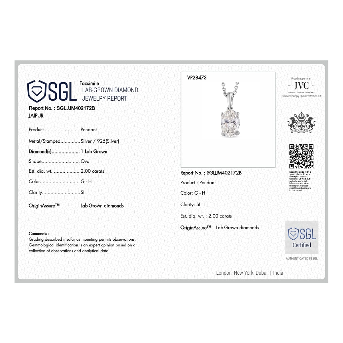 Luxuriant - SGL Certified Lab Grown Diamond (SI-G-H) Pendant with Chain (Size 20) in Rhodium Overlay Sterling Silver 2.00 Ct.