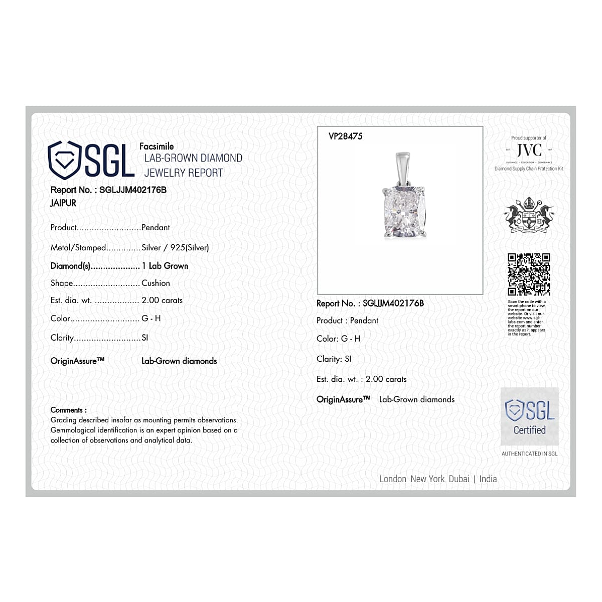 Luxuriant - SGL Certified Lab Grown Diamond (SI-G-H) Pendant with Chain (Size 20) in Rhodium Overlay Sterling Silver 2.00 Ct.