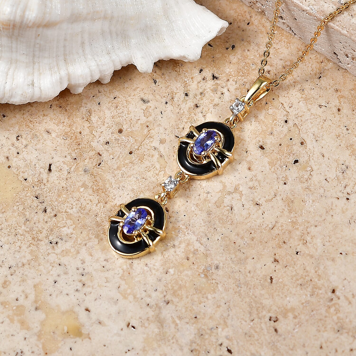 D'Joy - Tanzanite & White Zircon Drop Pendant with Chain (Size 20) in 18K Vermeil Yellow Gold Plated Sterling Silver