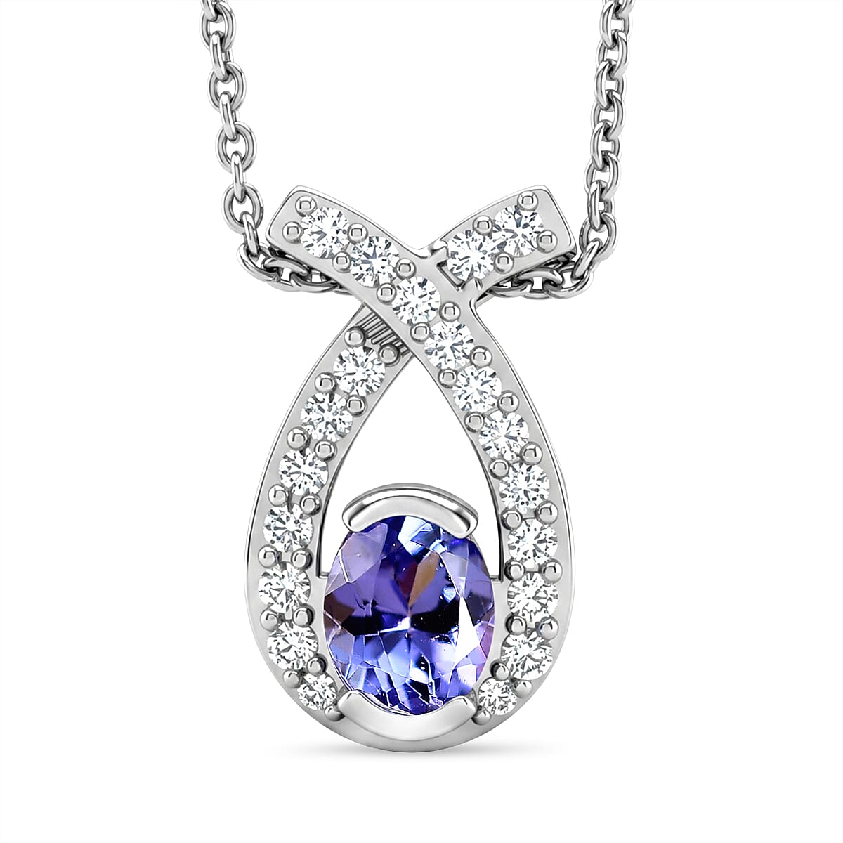 D'Joy - Tanzanite & White Zircon Drop Pendant with Chain (Size 20) in Platinum Overlay Sterling Silver