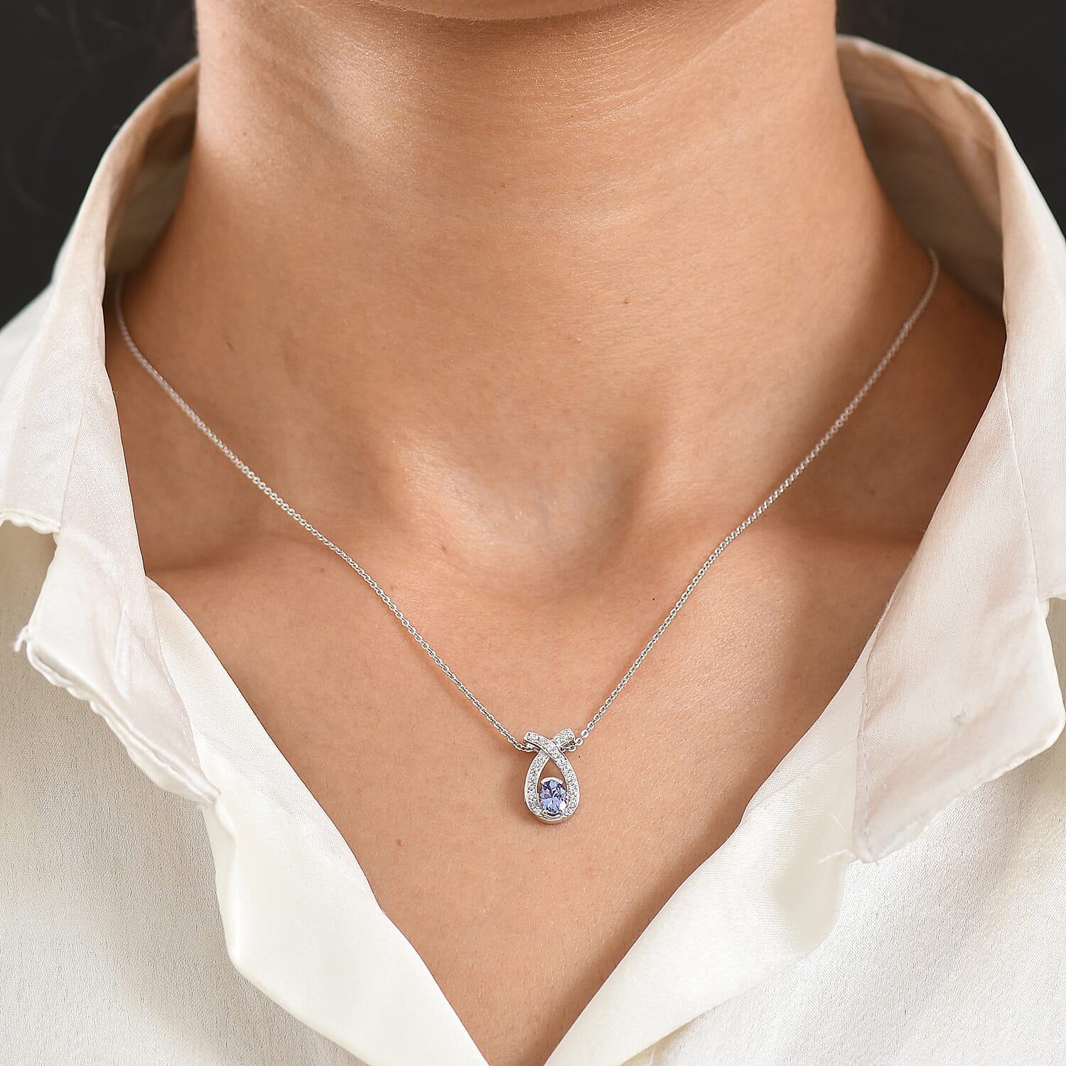 D'Joy - Tanzanite & White Zircon Drop Pendant with Chain (Size 20) in Platinum Overlay Sterling Silver