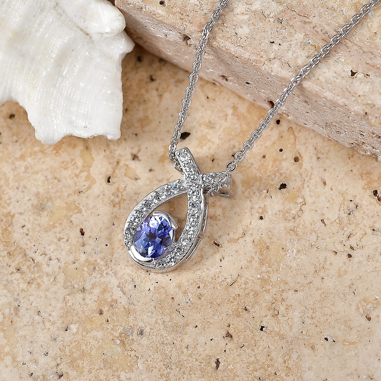 D'Joy - Tanzanite & White Zircon Drop Pendant with Chain (Size 20) in Platinum Overlay Sterling Silver