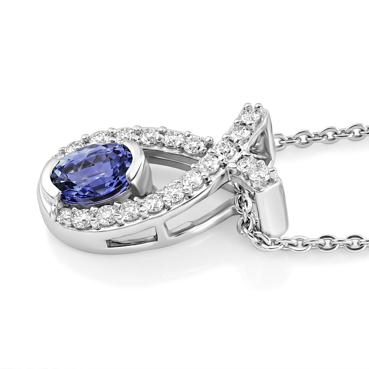 D'Joy - Tanzanite & White Zircon Drop Pendant with Chain (Size 20) in Platinum Overlay Sterling Silver