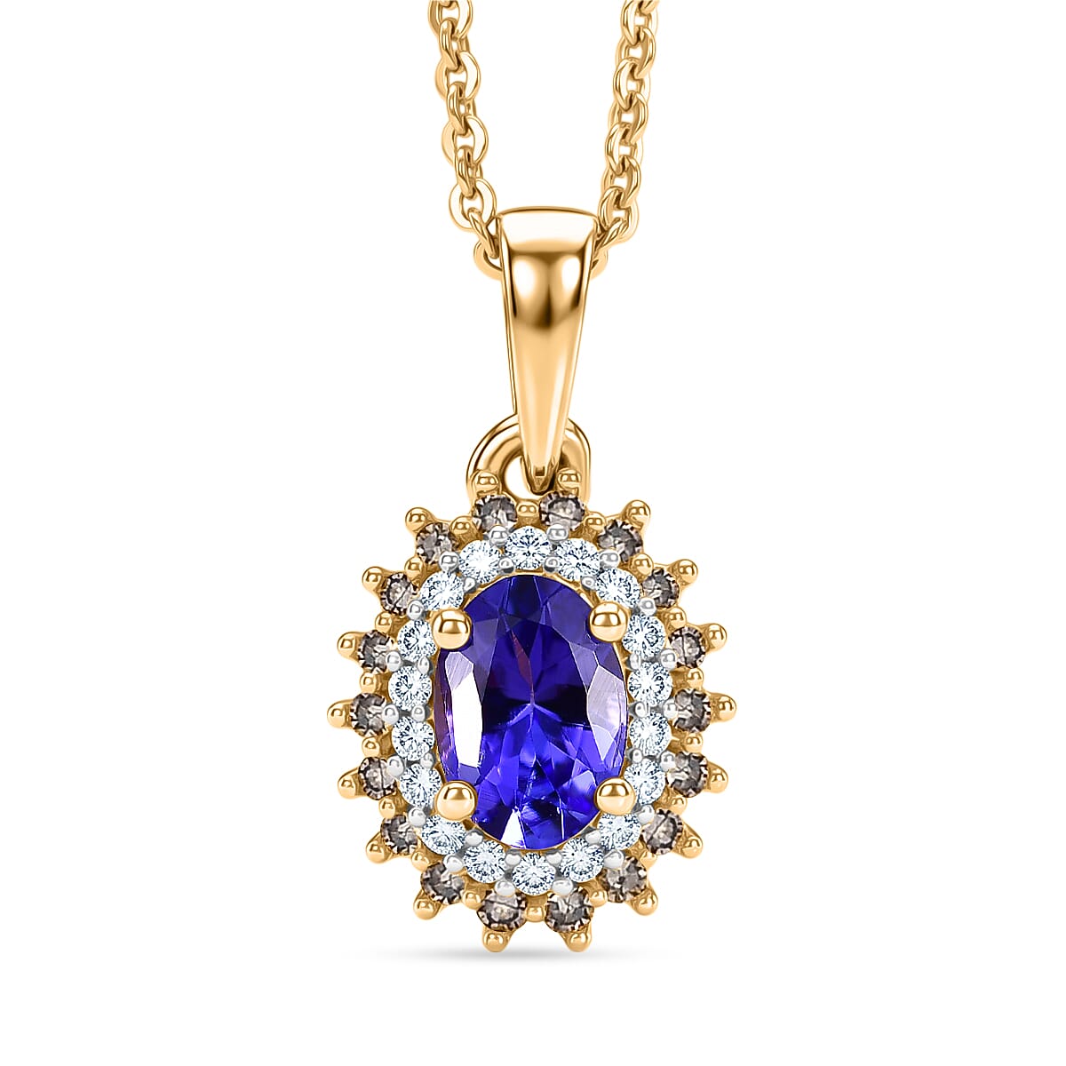 Tanzanite,  Champagne Diamond,  White Diamond Pendant with Chain (Size 20) in 18K YG Vermeil Sterling Silver 0.16 ct  0.640  Ct.