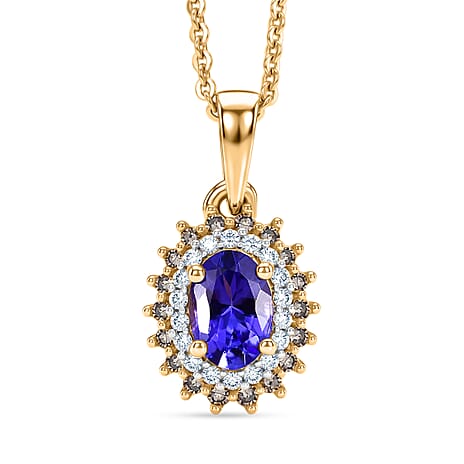Tanzanite,  Champagne Diamond,  White Diamond Pendant with Chain (Size 20) in 18K YG Vermeil Sterling Silver 0.16 ct  0.640  Ct.