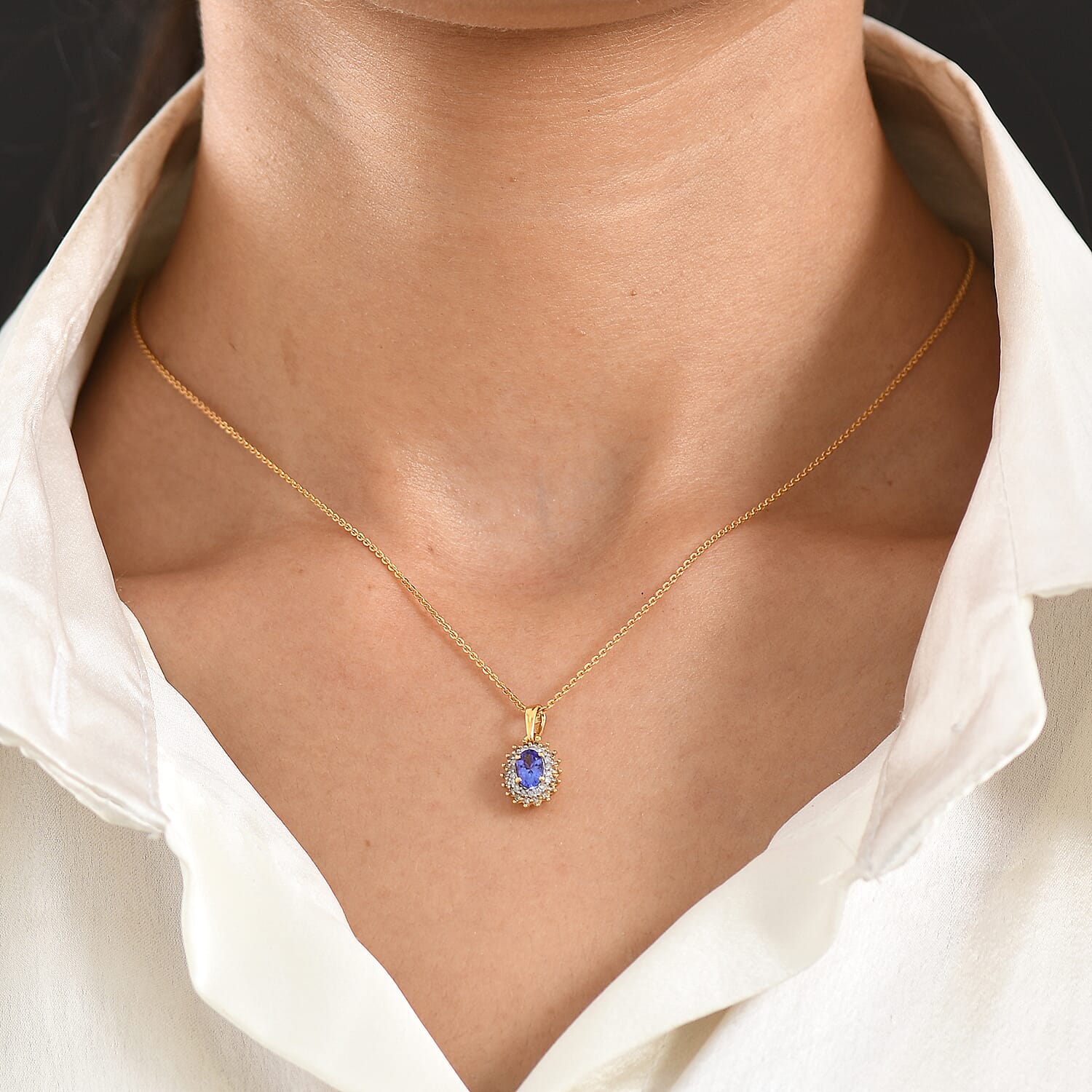 Tanzanite,  Champagne Diamond,  White Diamond Pendant with Chain (Size 20) in 18K YG Vermeil Sterling Silver 0.16 ct  0.640  Ct.