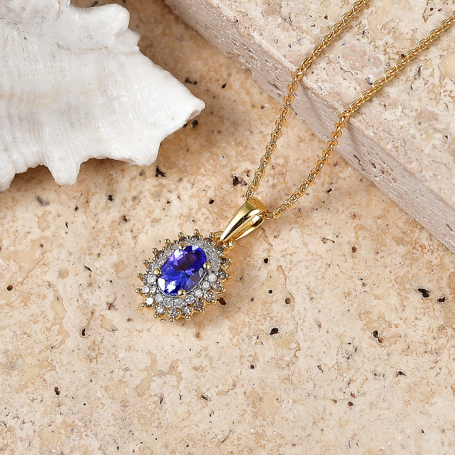 Tanzanite,  Champagne Diamond,  White Diamond Pendant with Chain (Size 20) in 18K YG Vermeil Sterling Silver 0.16 ct  0.640  Ct.