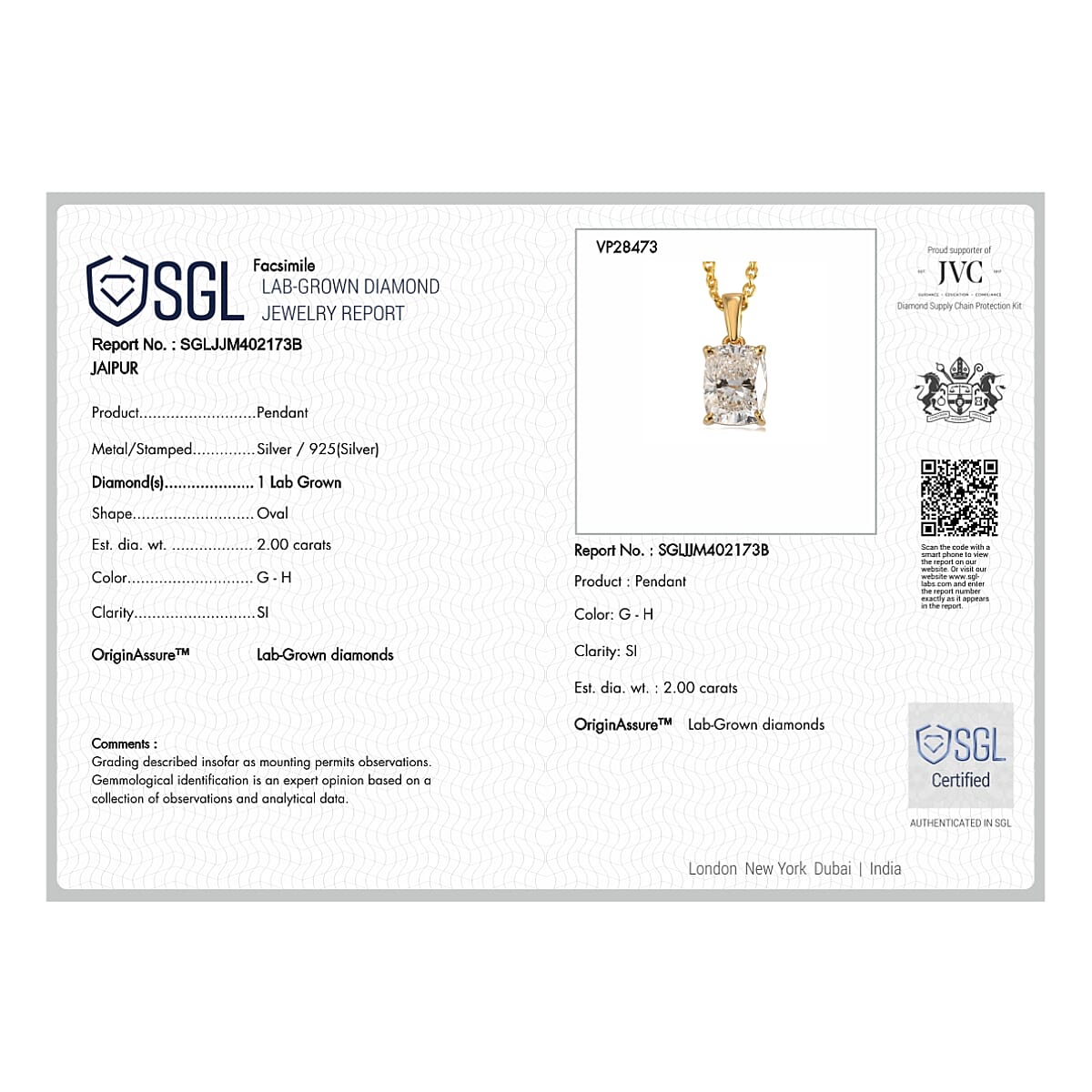 Luxuriant - SGL Certified Lab Grown Diamond (SI-G-H) Pendant with Chain (Size 20) in 18K Vermeil Yellow Gold Plated Sterling Silver 2.00 Ct.