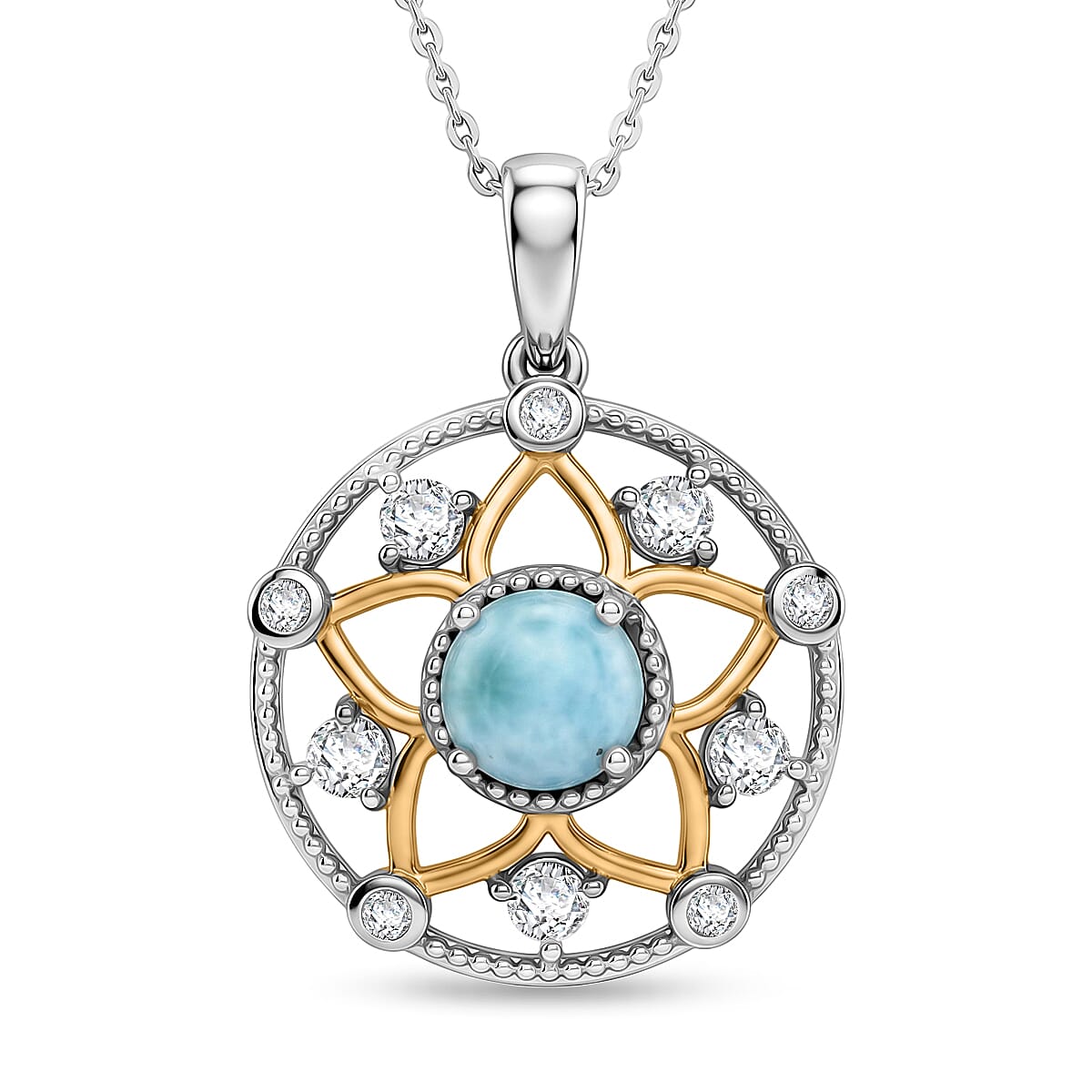 D'Joy - Larimar & White Zircon Pendant with Chain (Size 20) in Platinum Overlay Sterling Silver 1.40 Ct.