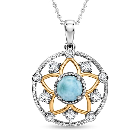 D'Joy - Larimar & White Zircon Pendant with Chain (Size 20) in Platinum Overlay Sterling Silver 1.40 Ct.