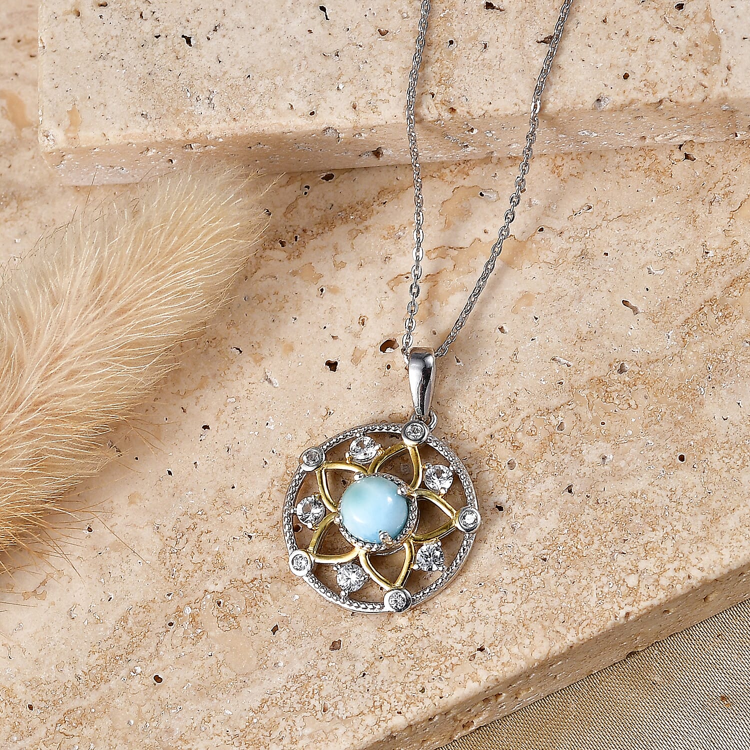 D'Joy - Larimar & White Zircon Pendant with Chain (Size 20) in Platinum Overlay Sterling Silver 1.40 Ct.