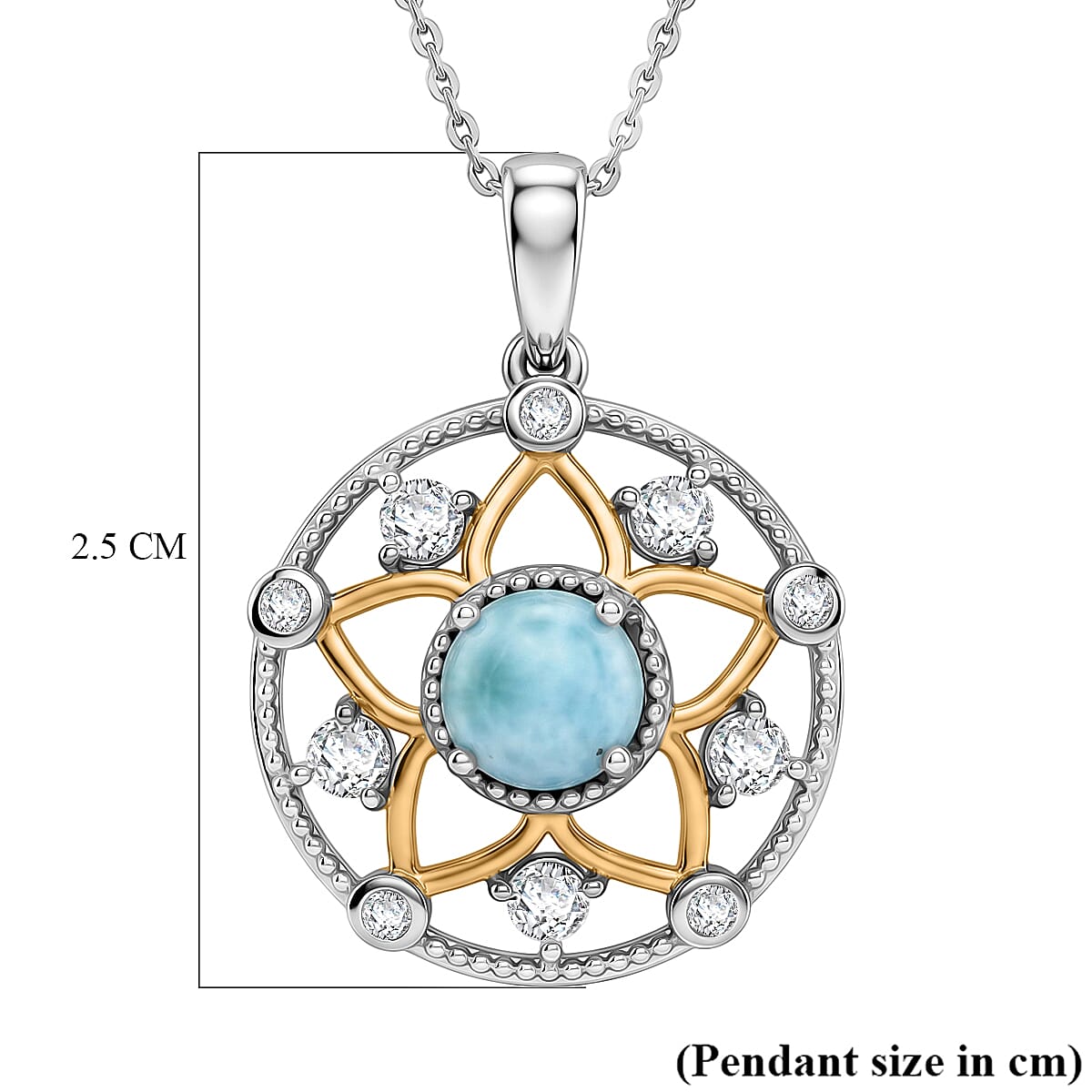 D'Joy - Larimar & White Zircon Pendant with Chain (Size 20) in Platinum Overlay Sterling Silver 1.40 Ct.