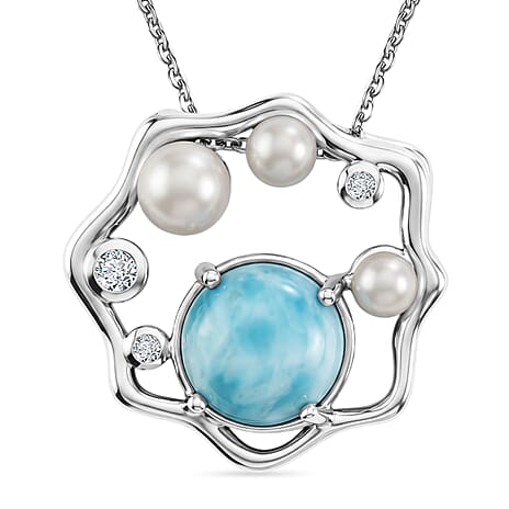 D'Joy - Larimar, Fresh Water Pearl & White Zircon Pendant with Chain (Size 20) in Platinum Overlay Sterling Silver 3.50 Ct.