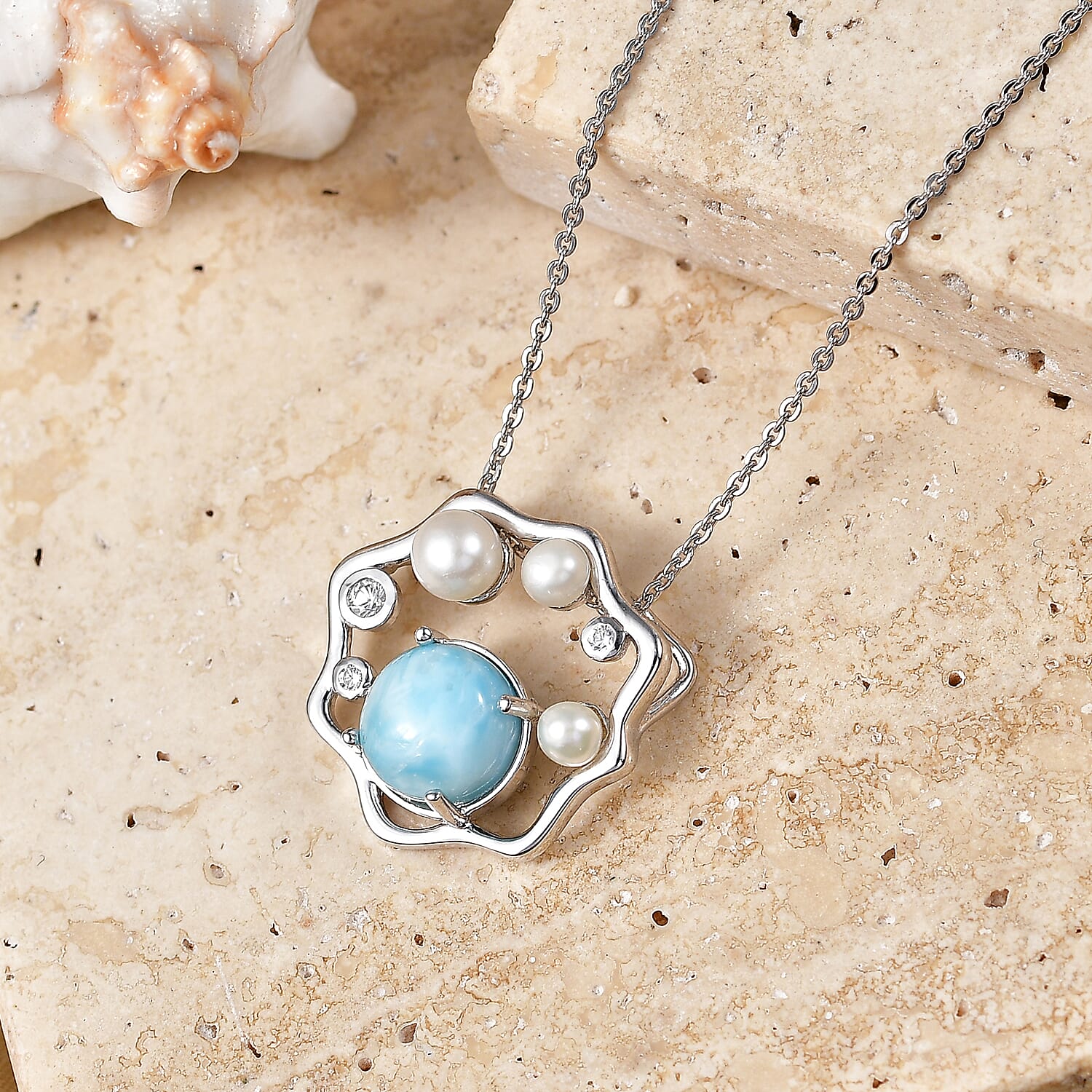 D'Joy - Larimar, Fresh Water Pearl & White Zircon Pendant with Chain (Size 20) in Platinum Overlay Sterling Silver 3.50 Ct.