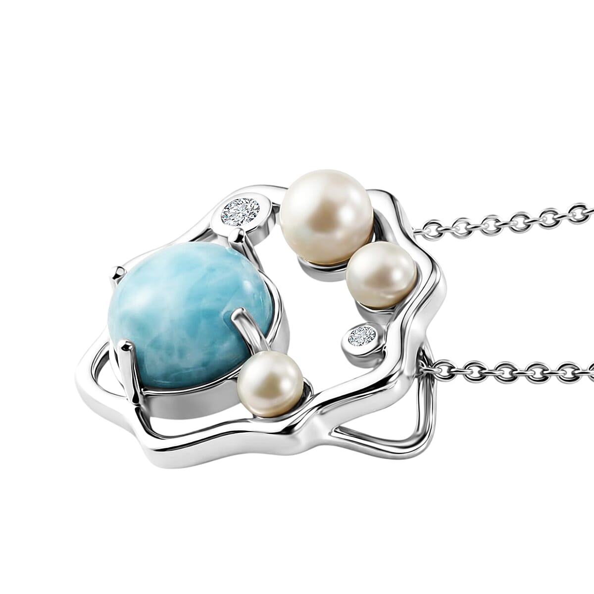 D'Joy - Larimar, Fresh Water Pearl & White Zircon Pendant with Chain (Size 20) in Platinum Overlay Sterling Silver 3.50 Ct.