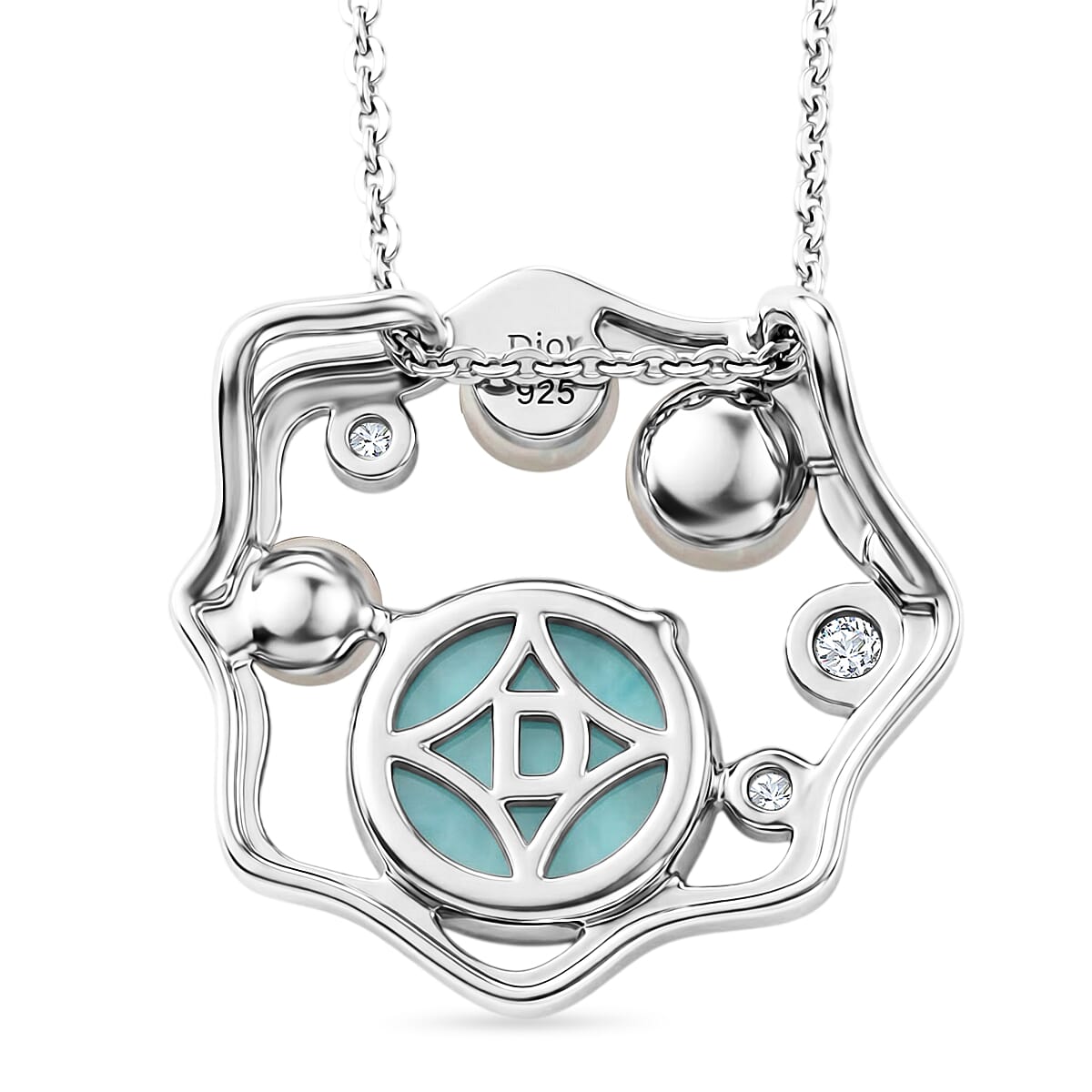 D'Joy - Larimar, Fresh Water Pearl & White Zircon Pendant with Chain (Size 20) in Platinum Overlay Sterling Silver 3.50 Ct.