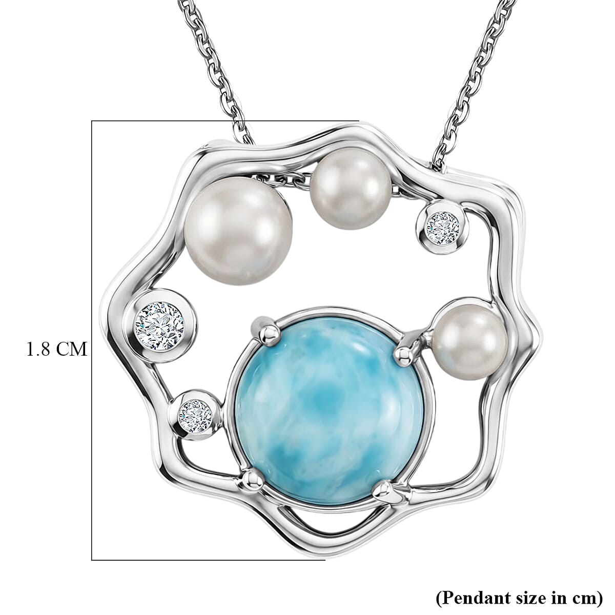 D'Joy - Larimar, Fresh Water Pearl & White Zircon Pendant with Chain (Size 20) in Platinum Overlay Sterling Silver 3.50 Ct.