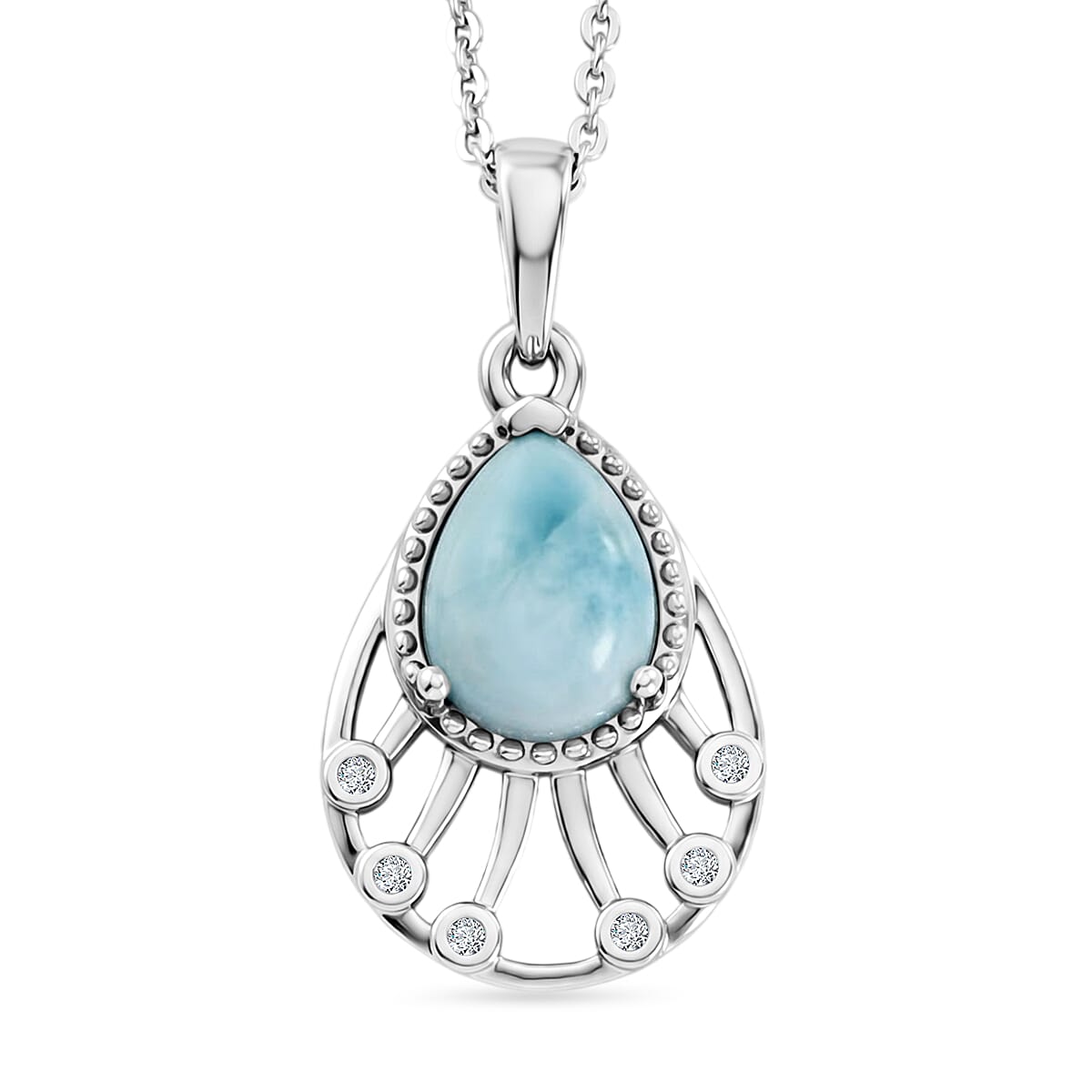 D'Joy - Larimar & White Zircon Pendant with Chain (Size 20) in Platinum Overlay Sterling Silver 1.40 Ct.