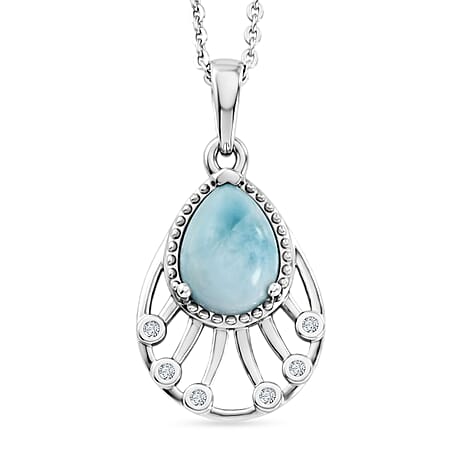 D'Joy - Larimar & White Zircon Pendant with Chain (Size 20) in Platinum Overlay Sterling Silver 1.40 Ct.