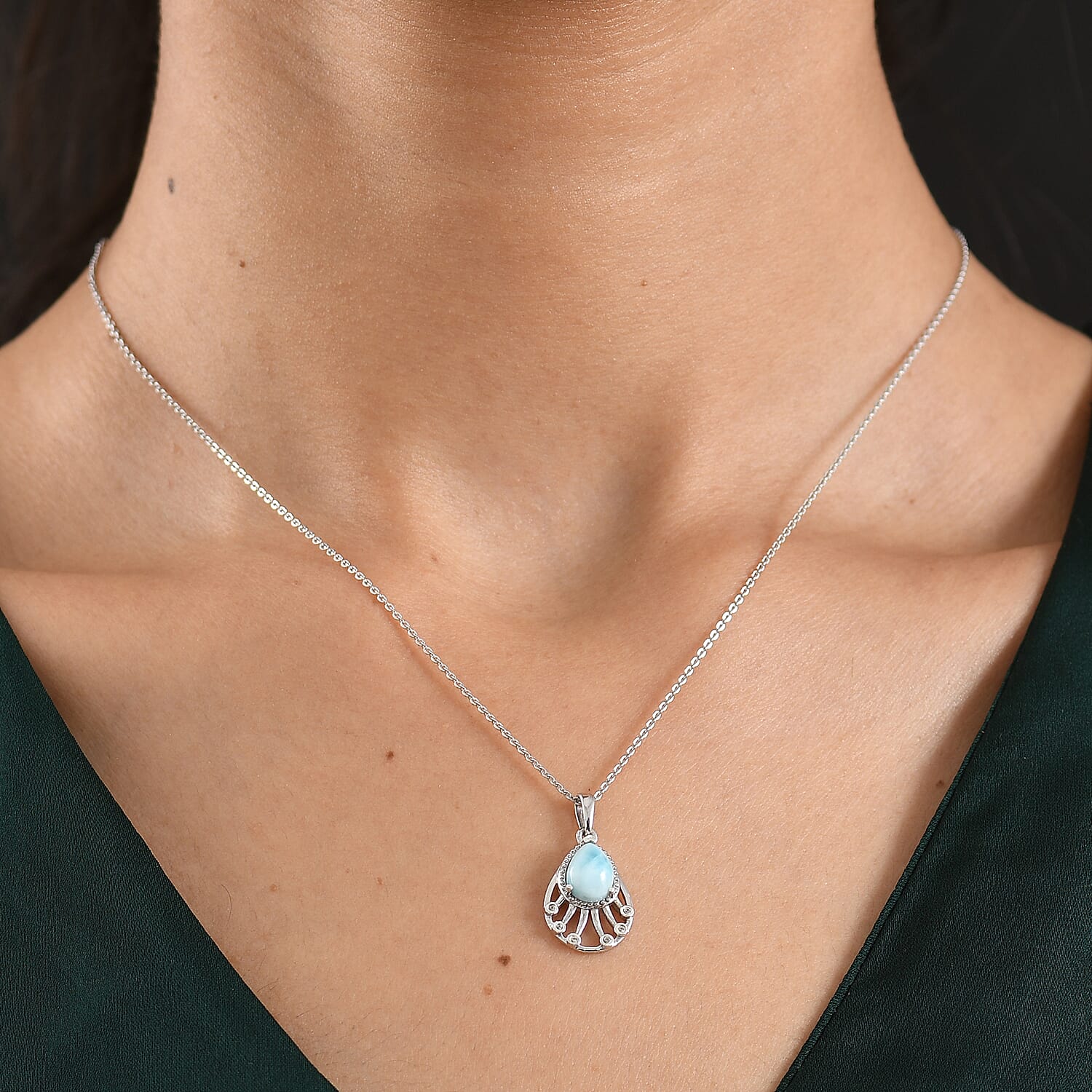 D'Joy - Larimar & White Zircon Pendant with Chain (Size 20) in Platinum Overlay Sterling Silver 1.40 Ct.