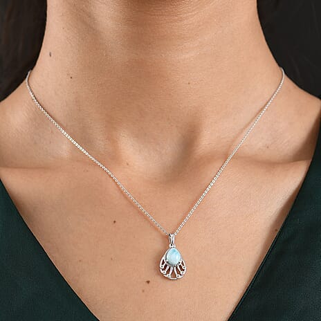 D'Joy - Natural Larimar & White Zircon Radiant Drop Pendant with Chain (Size 20) in Platinum Overlay Sterling Silver 1.40 Ct.