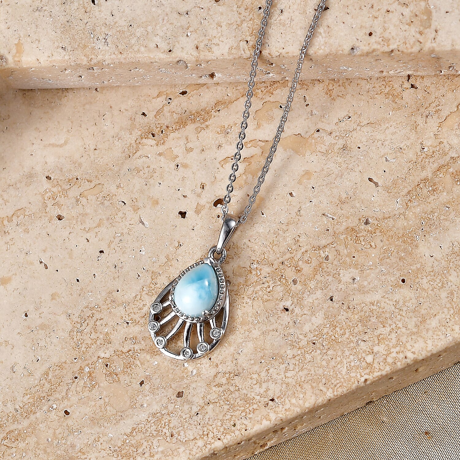 D'Joy - Larimar & White Zircon Pendant with Chain (Size 20) in Platinum Overlay Sterling Silver 1.40 Ct.