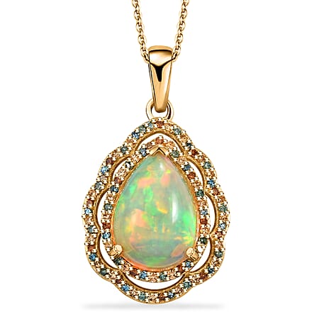 Luxuriant - Ethiopian Opal & Lab Grown Multi-Diamond (SI-G-H) Pendant with Chain (Size 20) in 18K Vermeil Yellow Gold Plated Sterling Silver 4.15 Ct.