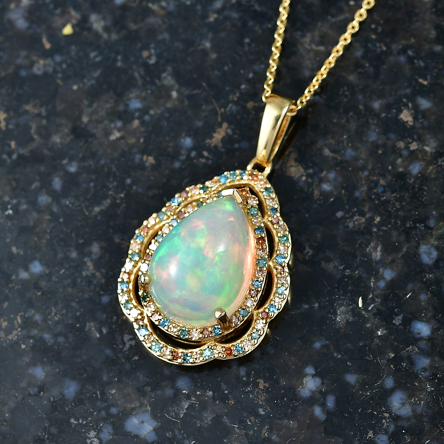 Luxuriant - Ethiopian Opal & Lab Grown Multi-Diamond (SI-G-H) Pendant with Chain (Size 20) in 18K Vermeil Yellow Gold Plated Sterling Silver 4.15 Ct.