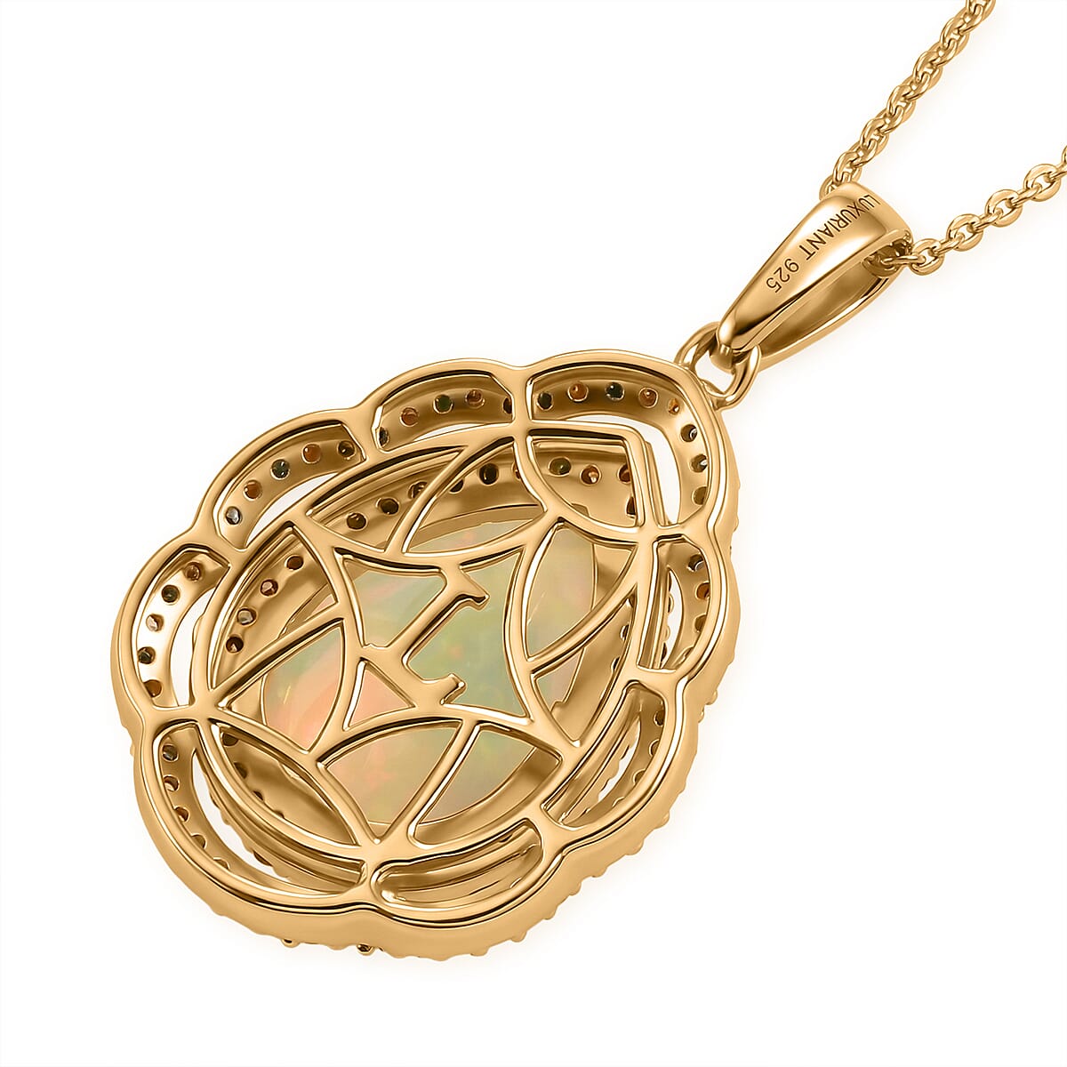 Luxuriant - Ethiopian Opal & Lab Grown Multi-Diamond (SI-G-H) Pendant with Chain (Size 20) in 18K Vermeil Yellow Gold Plated Sterling Silver 4.15 Ct.